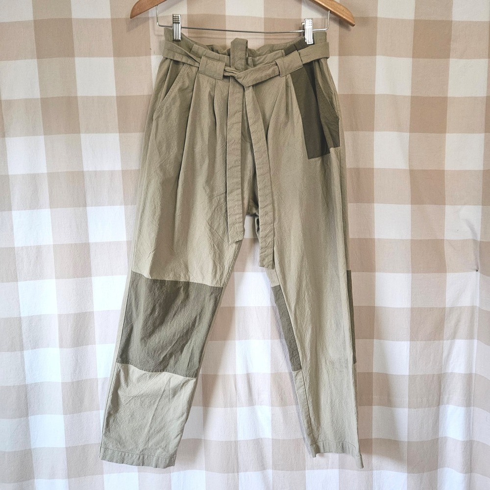MO:VINT New York Antropologie Patchwork Belted Trousers Khaki Cotton Paper Bag M